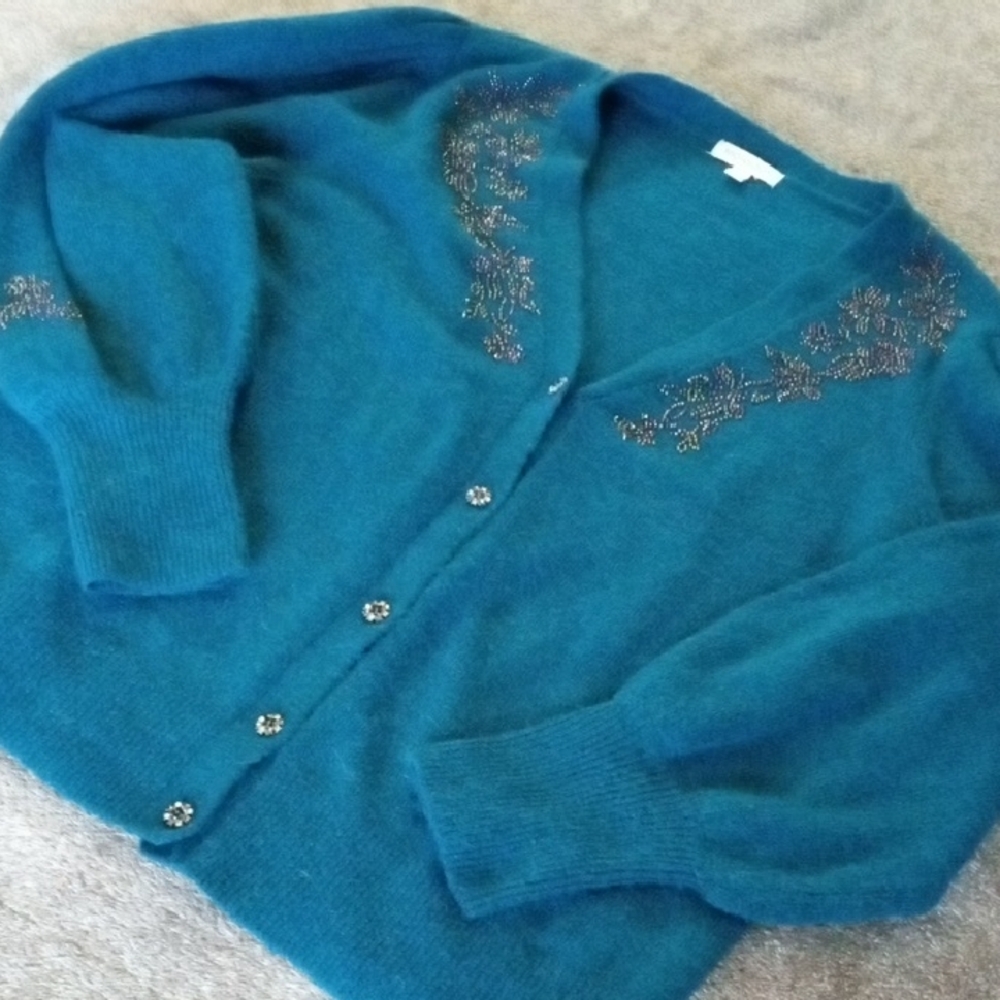 Moonsoon Y2K Bedazzled Wool Blend Teal Cardigan